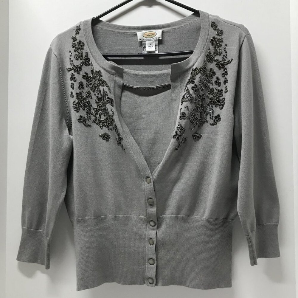 Talbots Petites Gray Beaded Silk Blend Twinset